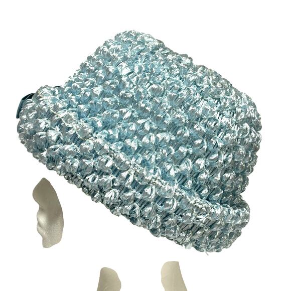 Blue straw hat with bow bowler style upturned rim union label mid century church - Picture 7 of 9